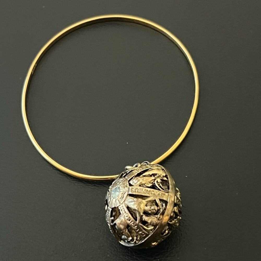 Vintage Zodiac Wheel Bangle Bracelet with Blue Rhinestone Accent